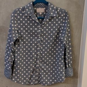 Blue chambray oxford with white polka dots